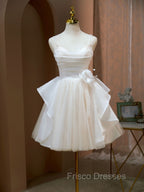 A Line V Neck Champagne Short Formal Prom Dress, Formal Mini Gown Cute Puffy Homecoming Dress