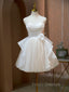 A Line V Neck Champagne Short Formal Prom Dress, Formal Mini Gown Cute Puffy Homecoming Dress