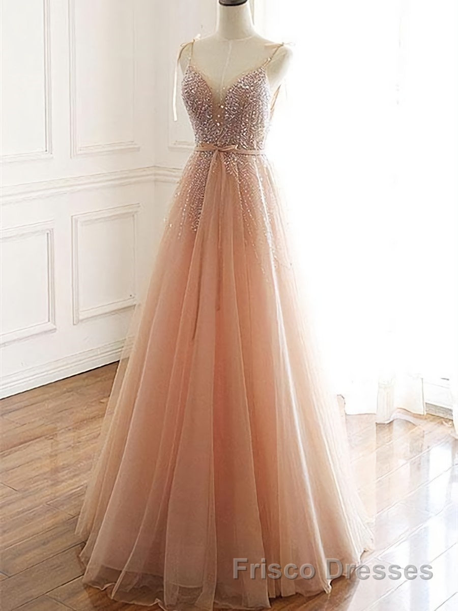 A Line V Neck Champagne Tulle Long Beaded Formal Prom Dresses, Champagne Long Formal Evening Dresses