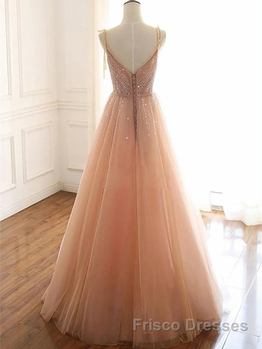 A Line V Neck Champagne Tulle Long Beaded Formal Prom Dresses, Champagne Long Formal Evening Dresses