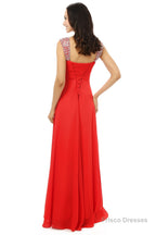 A-line V Neck Chiffon Long Red Prom Dresses