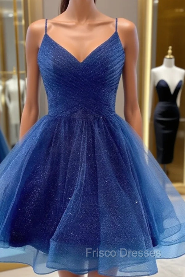 A Line V Neck Dark Blue Short Formal Prom Dress, Short Blue Graduation Homecoming Cocktail Dress