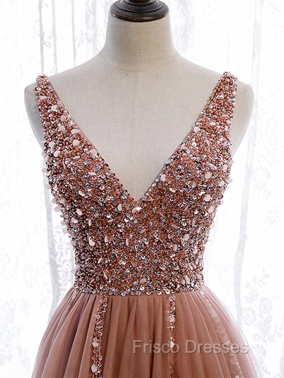 A Line V Neck Dark Pink Beaded Long Formal Prom Dress, V Neck Pink Long Formal Graduation Dress