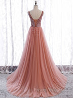 A Line V Neck Dark Pink Beaded Long Formal Prom Dress, V Neck Pink Long Formal Graduation Dress