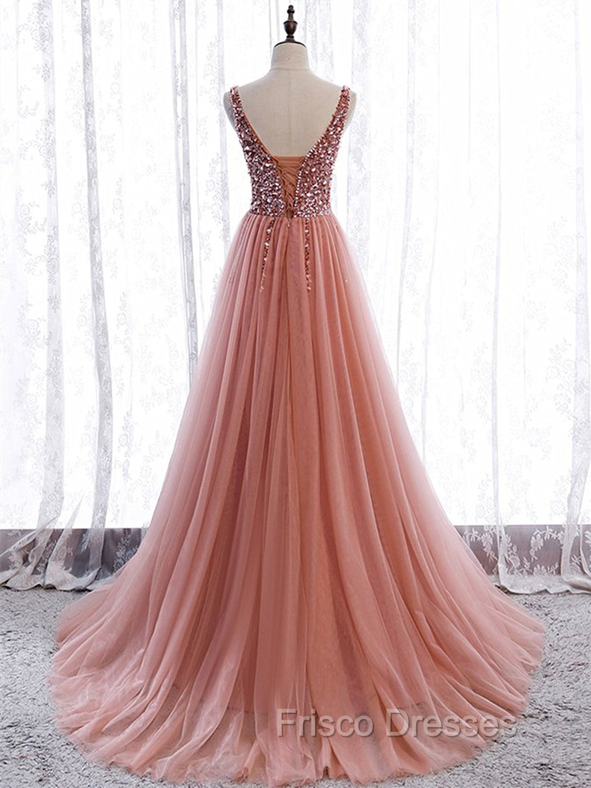 A Line V Neck Dark Pink Beaded Long Formal Prom Dress, V Neck Pink Long Formal Graduation Dress