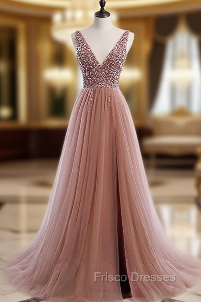 A Line V Neck Dark Pink Beaded Long Formal Prom Dress, V Neck Pink Long Formal Graduation Dress