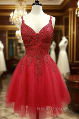A Line V Neck Dark Red Lace Formal Prom Dress, Dark Red Lace Formal Homecoming Dress