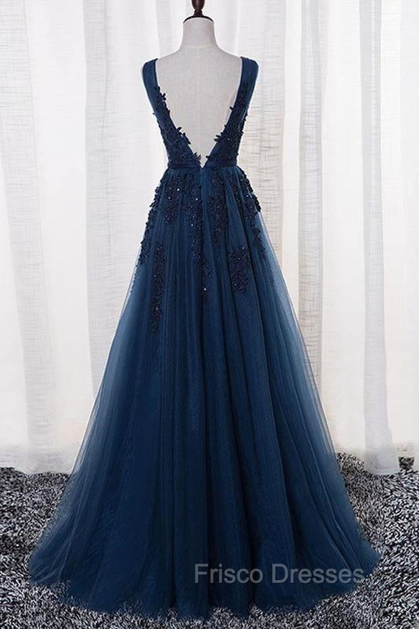A-Line V-Neck Floor Length Navy Blue Formal Prom Dress With Appliques Secondary image