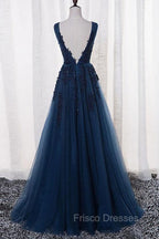 A-Line V-Neck Floor Length Navy Blue Formal Prom Dress With Appliques