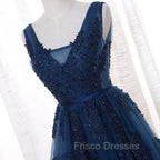 A-Line V-Neck Floor Length Navy Blue Formal Prom Dress With Appliques
