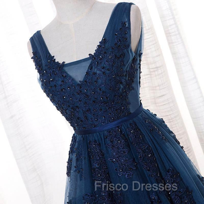 A-Line V-Neck Floor Length Navy Blue Formal Prom Dress With Appliques