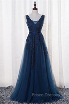 A-Line V-Neck Floor Length Navy Blue Formal Prom Dress With Appliques