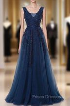 A-Line V-Neck Floor Length Navy Blue Formal Prom Dress With Appliques