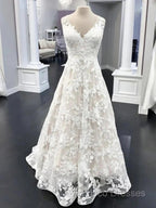 A Line V Neck Floral Lace Long Formal Prom Dress