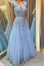 A Line V Neck Floral Light Blue Lace Long Formal Prom Dresses, Light Blue Lace Formal Graduation Evening Dresses