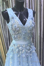 A Line V Neck Floral Light Blue Lace Long Formal Prom Dresses, Light Blue Lace Formal Graduation Evening Dresses