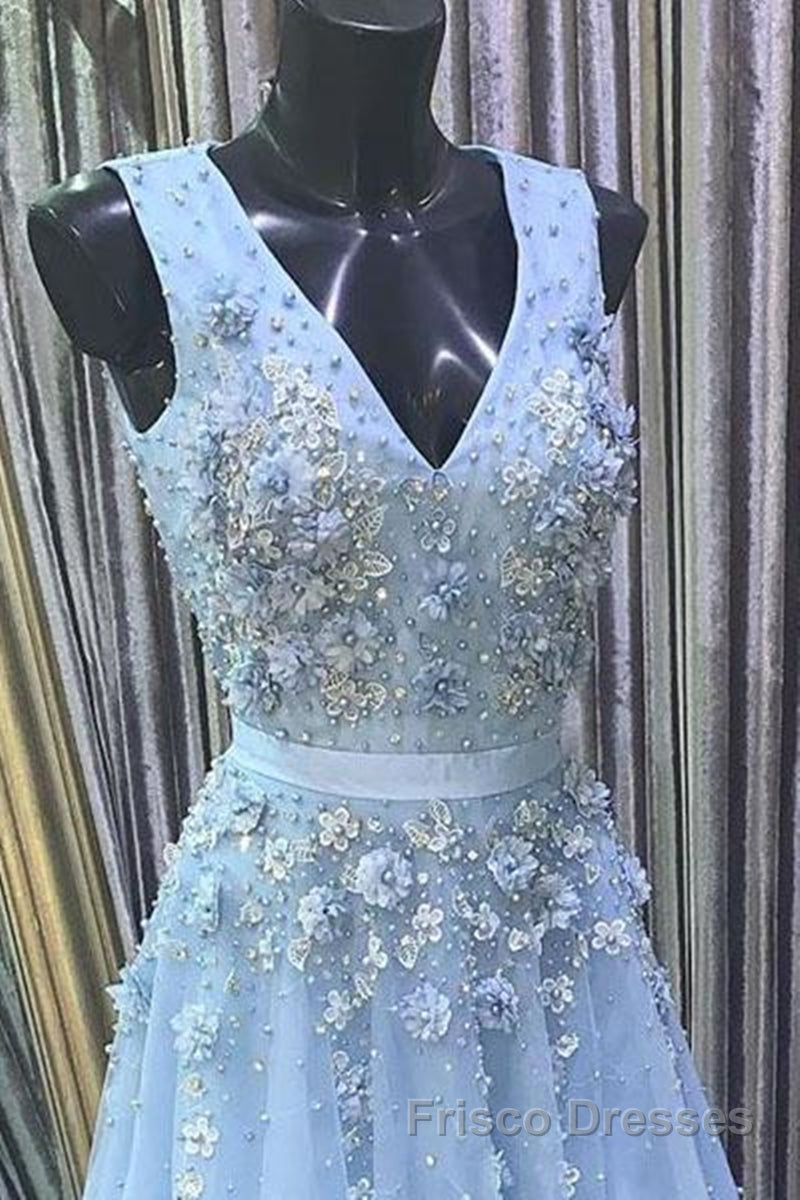 A Line V Neck Floral Light Blue Lace Long Formal Prom Dresses, Light Blue Lace Formal Graduation Evening Dresses