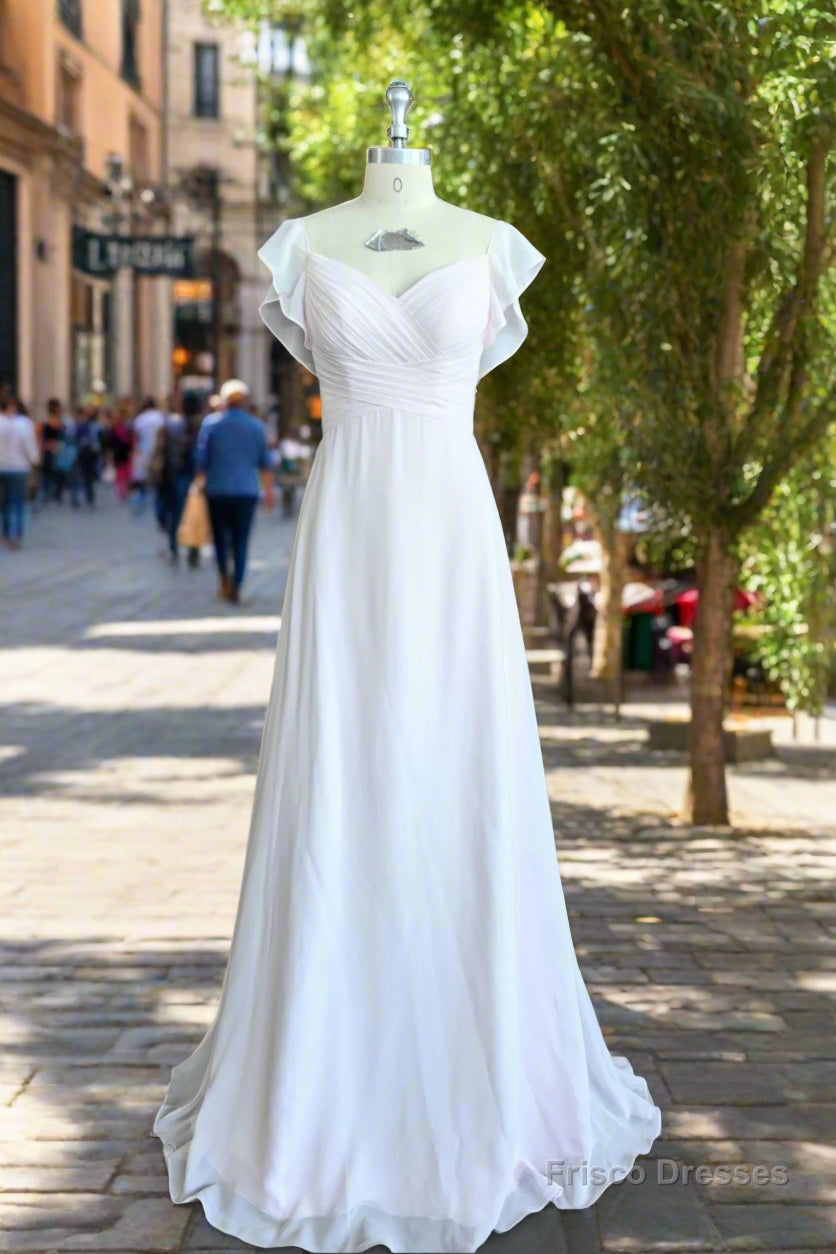 A-line V-Neck Flutter Sleeves Bridesmaid Dress Floor-Length Chiffon Wedding Dress With Ruffle Secondary image