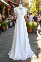 A-line V-Neck Flutter Sleeves Bridesmaid Dress Floor-Length Chiffon Wedding Dress With Ruffle