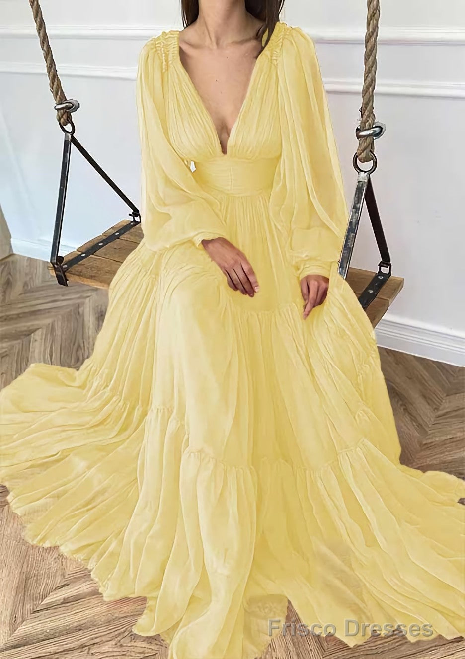 A-line V Neck Full/Long Sleeve Long/Floor-Length Chiffon Prom Dresses With Pleated