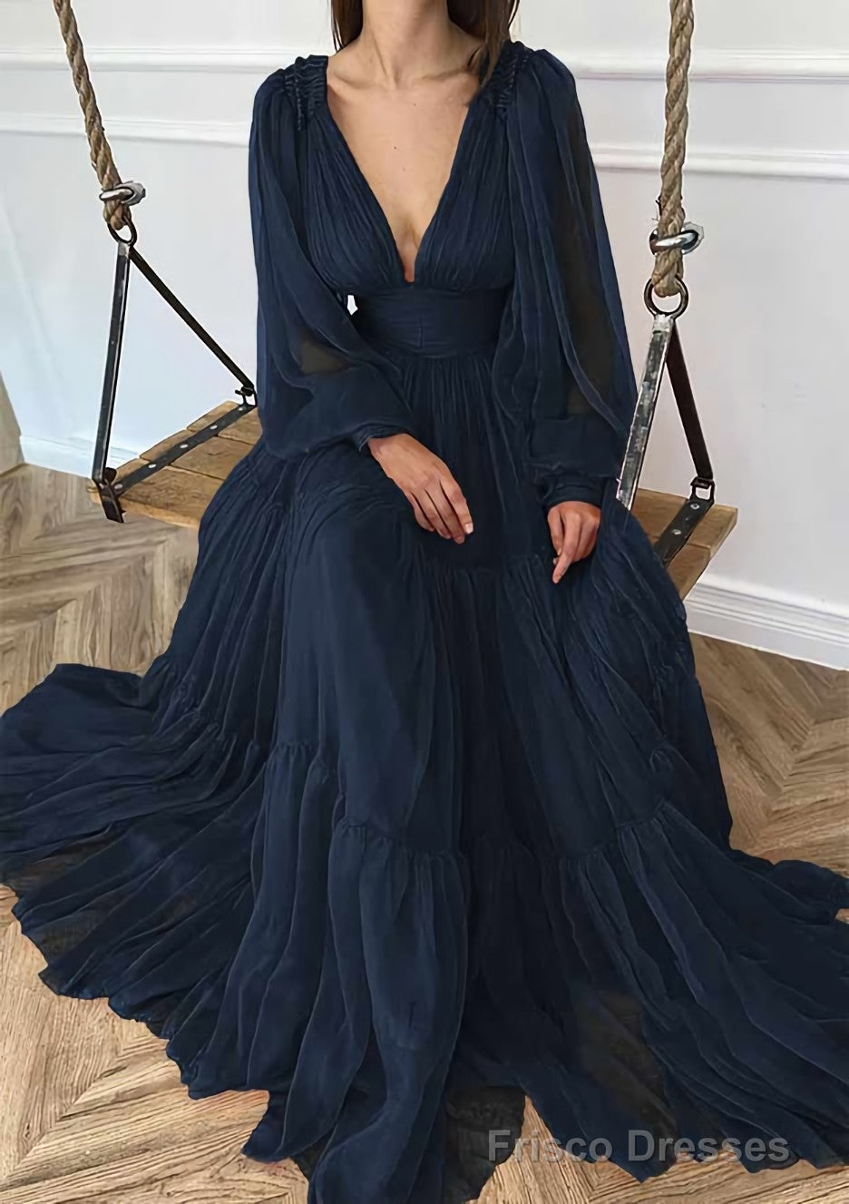 A-line V Neck Full/Long Sleeve Long/Floor-Length Chiffon Prom Dresses With Pleated Secondary image