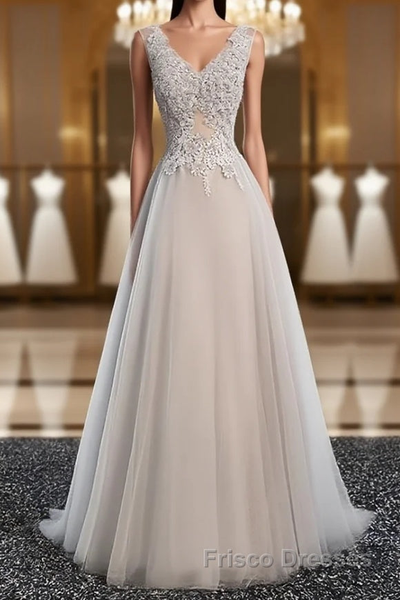 A Line V Neck Gray Floral Long Formal Prom Dresses, V Neck Gray Long Floral Formal Bridesmaid Dresses