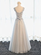 A Line V Neck Gray Floral Long Formal Prom Dresses, V Neck Gray Long Floral Formal Bridesmaid Dresses