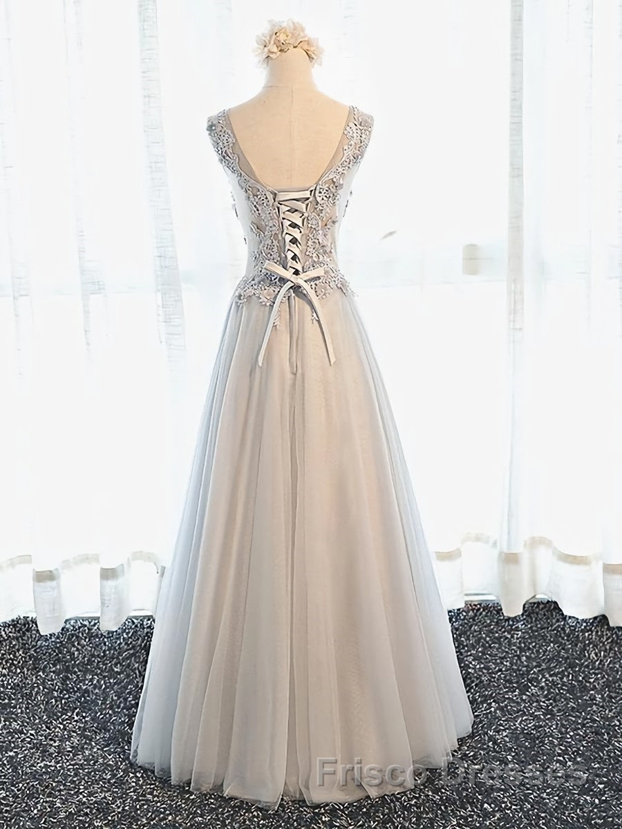 A Line V Neck Gray Floral Long Formal Prom Dresses, V Neck Gray Long Floral Formal Bridesmaid Dresses