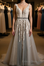 A Line V Neck Gray Lace Long Formal Prom Dresses with Belt, Gray Lace Floral Formal Dresses, Gray Lace Evening Dresses