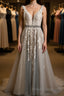 A Line V Neck Gray Lace Long Formal Prom Dresses with Belt, Gray Lace Floral Formal Dresses, Gray Lace Evening Dresses