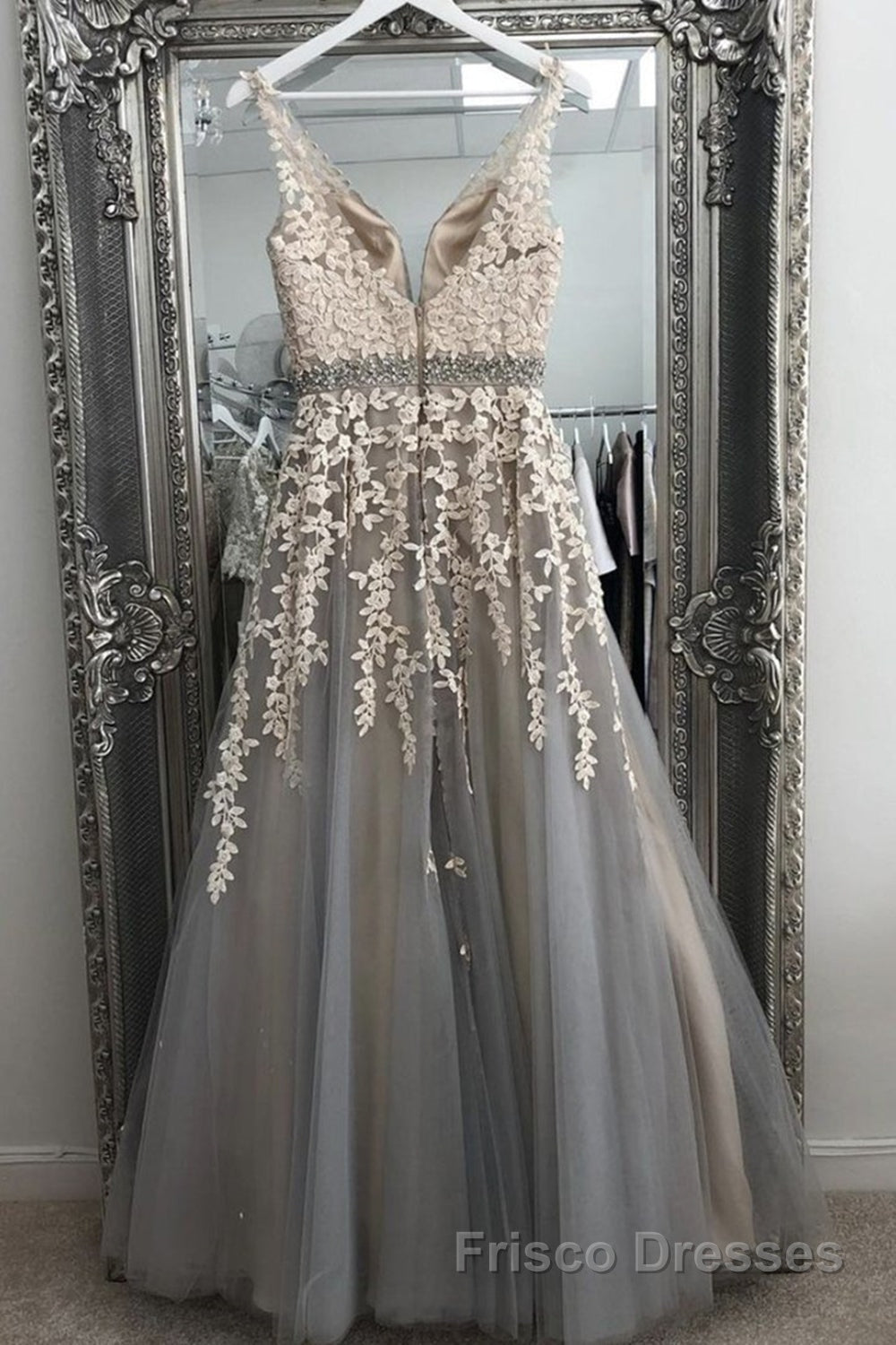 A Line V Neck Gray Lace Long Formal Prom Dresses with Belt, Gray Lace Frisco Dresses A Line V Neck Gray Lace Long Formal Prom Dresses with Belt, Gray Lace Frisco Dresses