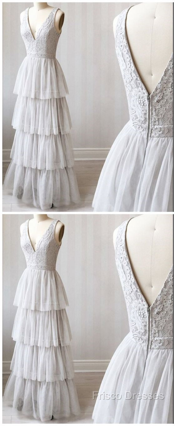 A Line V Neck Gray Lace Formal Prom Dress, V Neck Gray Lace Formal Graduation Bridesmaid Dress Secondary image