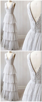 A Line V Neck Gray Lace Formal Prom Dress, V Neck Gray Lace Formal Graduation Bridesmaid Dress