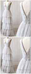 A Line V Neck Gray Lace Prom Dresses, V Neck Gray Lace Formal Graduation Bridesmaid Dresses