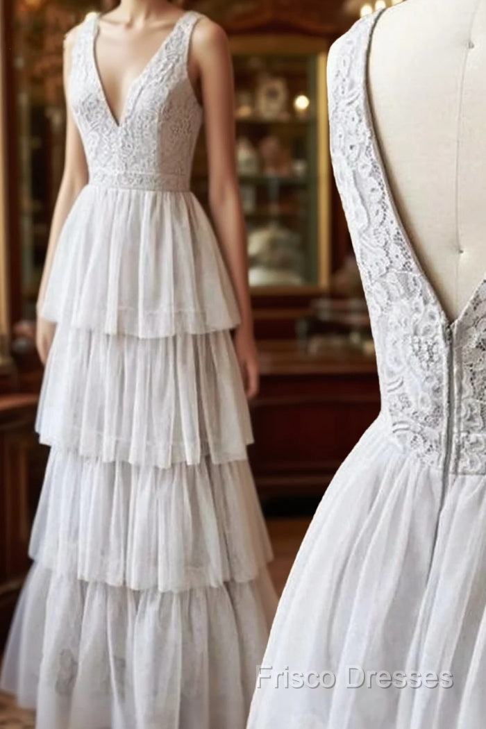 A Line V Neck Gray Lace Formal Prom Dress, V Neck Gray Lace Formal Graduation Bridesmaid Dress Main image