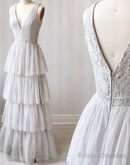 A Line V Neck Gray Lace Prom Dresses, V Neck Gray Lace Formal Graduation Bridesmaid Dresses