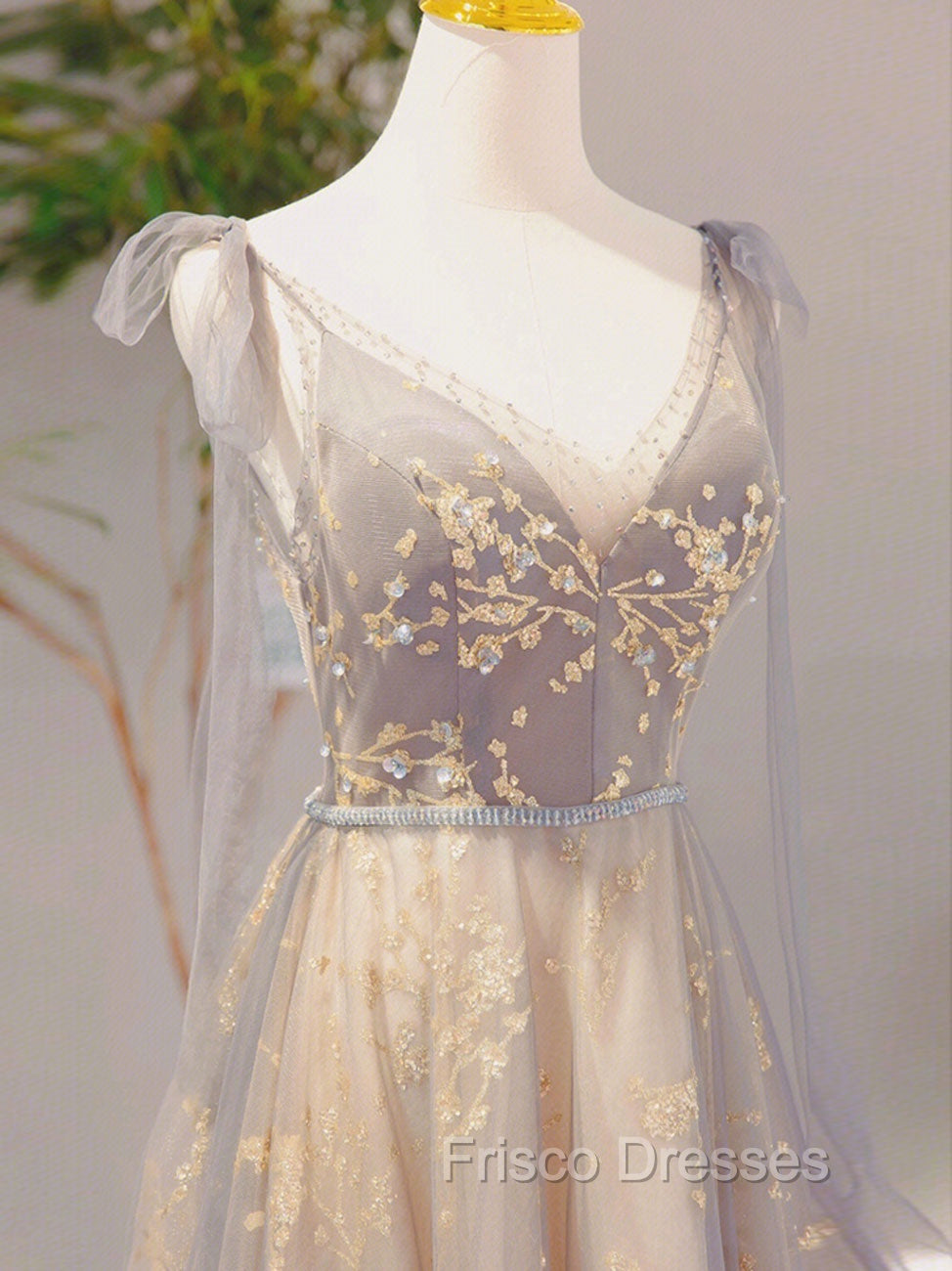 A-Line V Neck Gray Long Formal Prom Dress, Tulle Sequin Lace Long Forma Dress