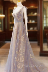 A-Line V Neck Gray Long Formal Prom Dress, Tulle Sequin Lace Long Forma Dress
