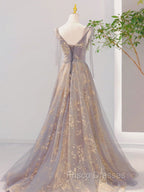 A-Line V Neck Gray Long Formal Prom Dress, Tulle Sequin Lace Long Forma Dress