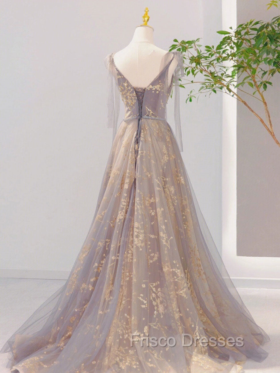 A-Line V Neck Gray Long Formal Prom Dress, Tulle Sequin Lace Long Forma Dress