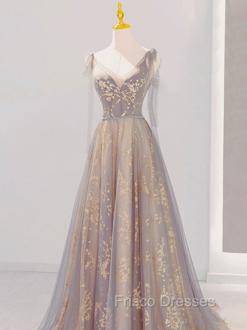 A-Line V Neck Gray Long Formal Prom Dress, Tulle Sequin Lace Long Forma Dress