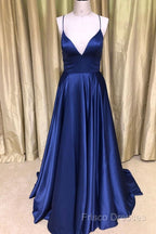 A Line V Neck Green/Blue Backless Long Formal Prom Dress, V Neck Backless Green/Blue Formal Graduation Formal Dress