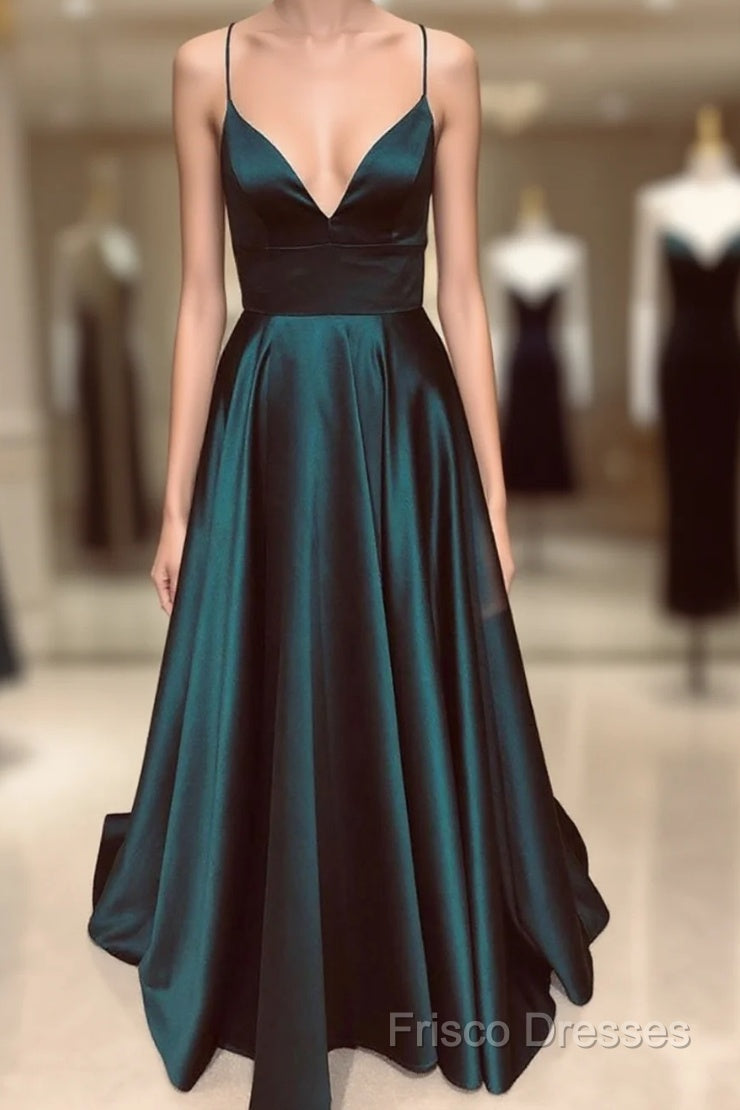 A Line V Neck Green/Blue Backless Long Formal Prom Dress, V Neck Backless Green/Blue Formal Graduation Formal Dress Main image