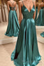 A Line V Neck Green Satin Long Formal Prom Dresses, Backless Green Long Formal Evening Dresses