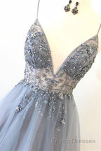 A Line V Neck Grey Beaded Long Formal Prom Dresses with Split, Grey Beaded Formal Graduation Evening Dresses