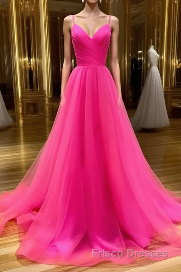A Line V Neck Hot Pink Long Formal Prom Dresses, V Neck Hot Pink Long Formal Evening Dresses Main image