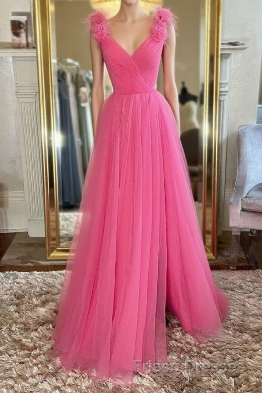 A Line V Neck Hot Pink Tulle Long Formal Prom Dresses with Slit, Hot Pink Formal Graduation Evening Dresses Main image