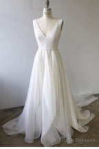 A-Line V Neck Ivory Prom Dresses Wedding Dresses With Court Train