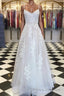 A Line V Neck Lace Appliques White Formal Prom Dresses Wedding Dresses, White Lace Formal Dresses, White Evening Dresses