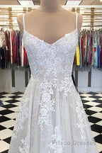 A Line V Neck Lace Appliques White Formal Prom Dresses Wedding Dresses, White Lace Formal Dresses, White Evening Dresses
